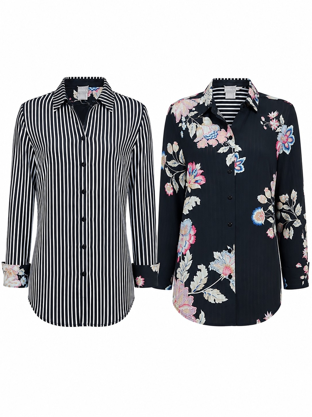CHICO'S | Reversible Midnight Floral Stripe Button Down Blouse Shirt | L 12 14
